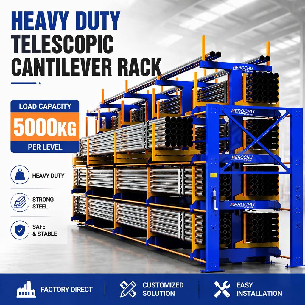 Heavy Duty Steel Telescopic Cantilever Rack System Powder Coated Corrosion Resistant Customized Industrial Warehouse Racking