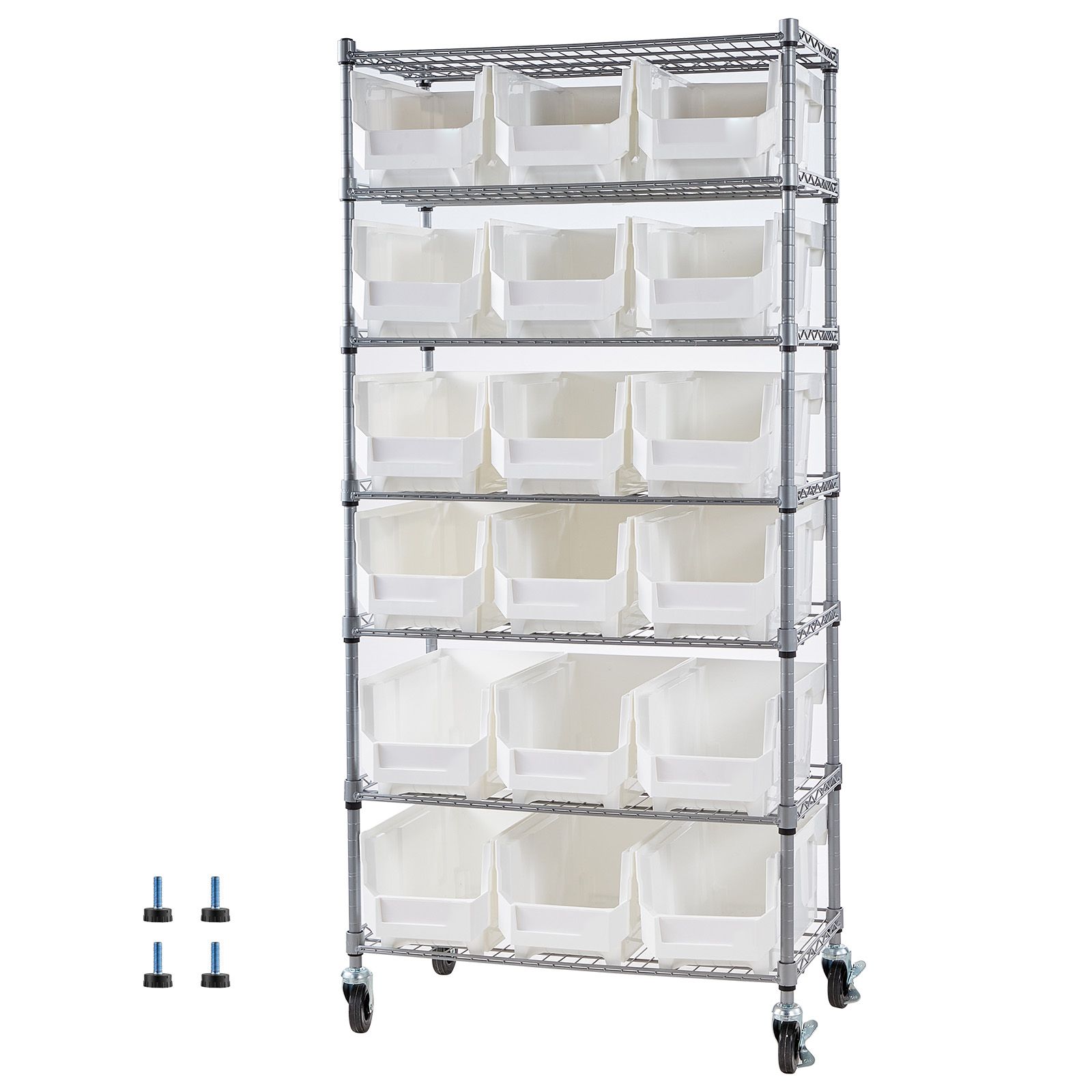 7-Tier Rolling Bin Storage Rack 18 Organizer Bins Steel Wire Shelving System with Mobile Tool Organizing Wheels