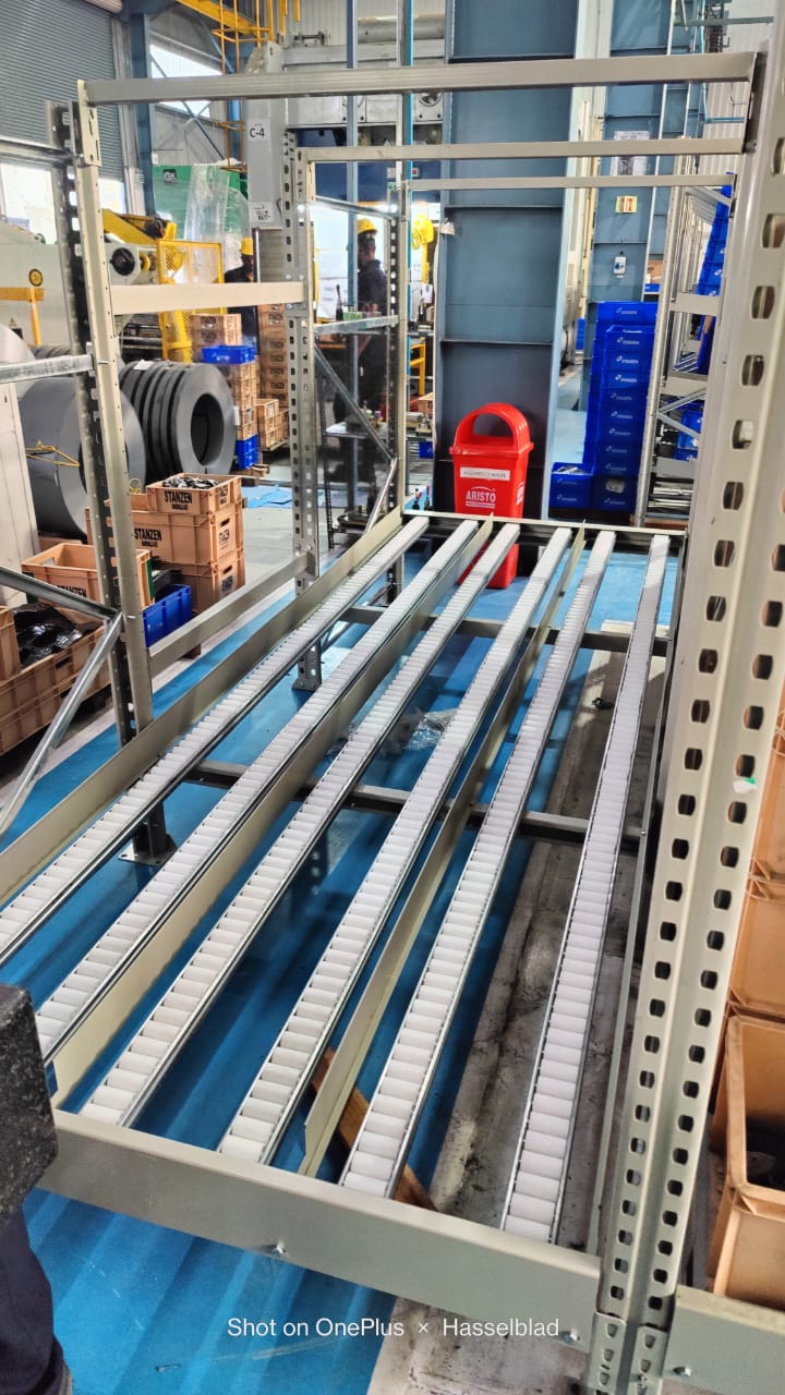Heavy Duty FIFO Gravity Flow Racking System Steel Rollers Modular Expandable 1500kg Capacity Powder Coated High-Density Storage