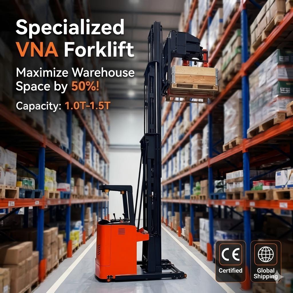 MiMA 3-way Tri-Lateral Stacker Steel Supports 0.8/1.2/1.6 Ton Load Lifting Height 3m-18m Solid Steel Floor for High Rack
