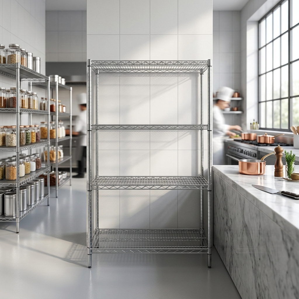 OEM 4 Tiers Chrome Plating Storage Wire Shelving Unit Heavy Duty Adjustable Storage Shelf for Commercial Warehouse Knock Down