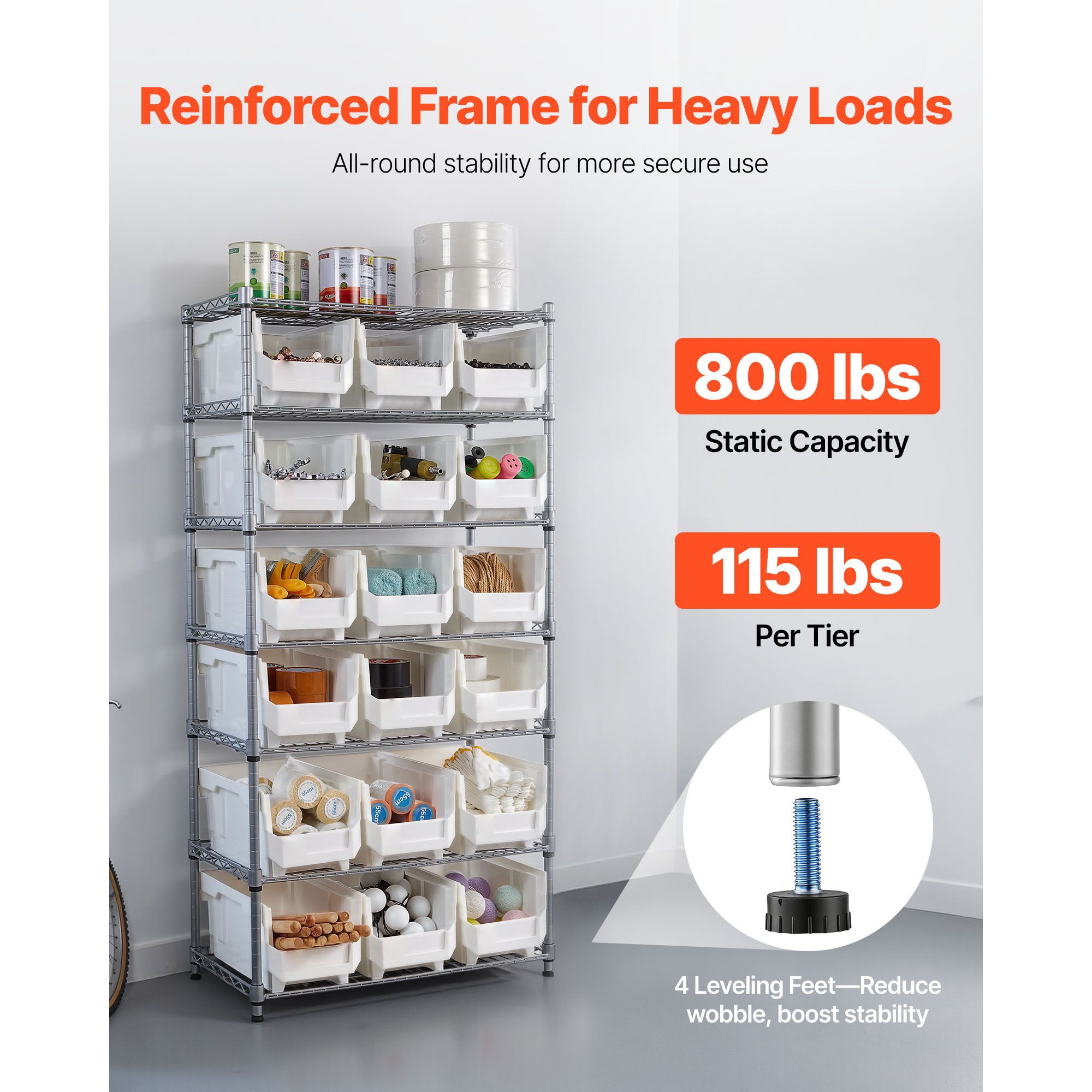 7-Tier Rolling Bin Storage Rack 18 Organizer Bins Steel Wire Shelving System with Mobile Tool Organizing Wheels