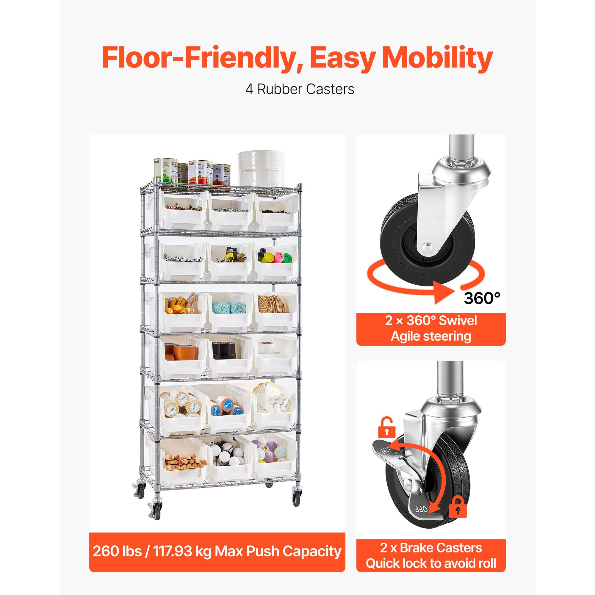 7-Tier Rolling Bin Storage Rack 18 Organizer Bins Steel Wire Shelving System with Mobile Tool Organizing Wheels