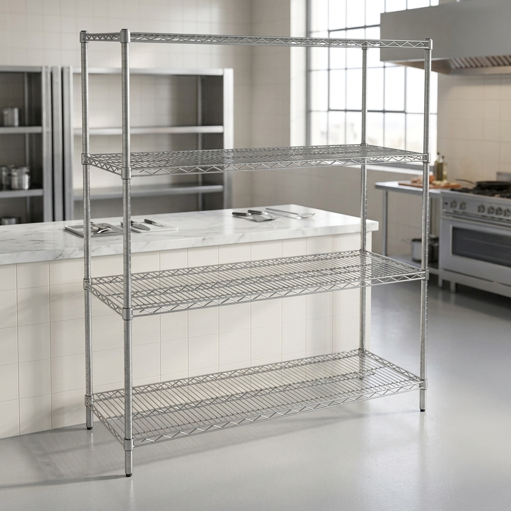 OEM 4 Tiers Chrome Plating Storage Wire Shelving Unit Heavy Duty Adjustable Storage Shelf for Commercial Warehouse Knock Down