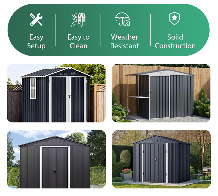 Waterproof Easily Assembled Eco-Friendly Portable Galvanized Steel Powder Coated Tool Storage Shed 8x6x6