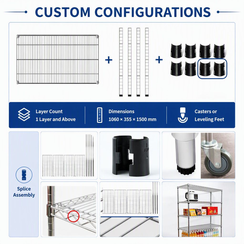 6 Layer Chrome Plated Carbon Steel Wire Shelving Rack Anti-Rust Adjustable Storage Unit for Warehouse