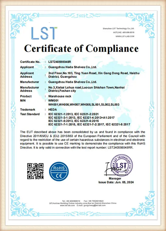 Warehouse Racking Conformity Certificate