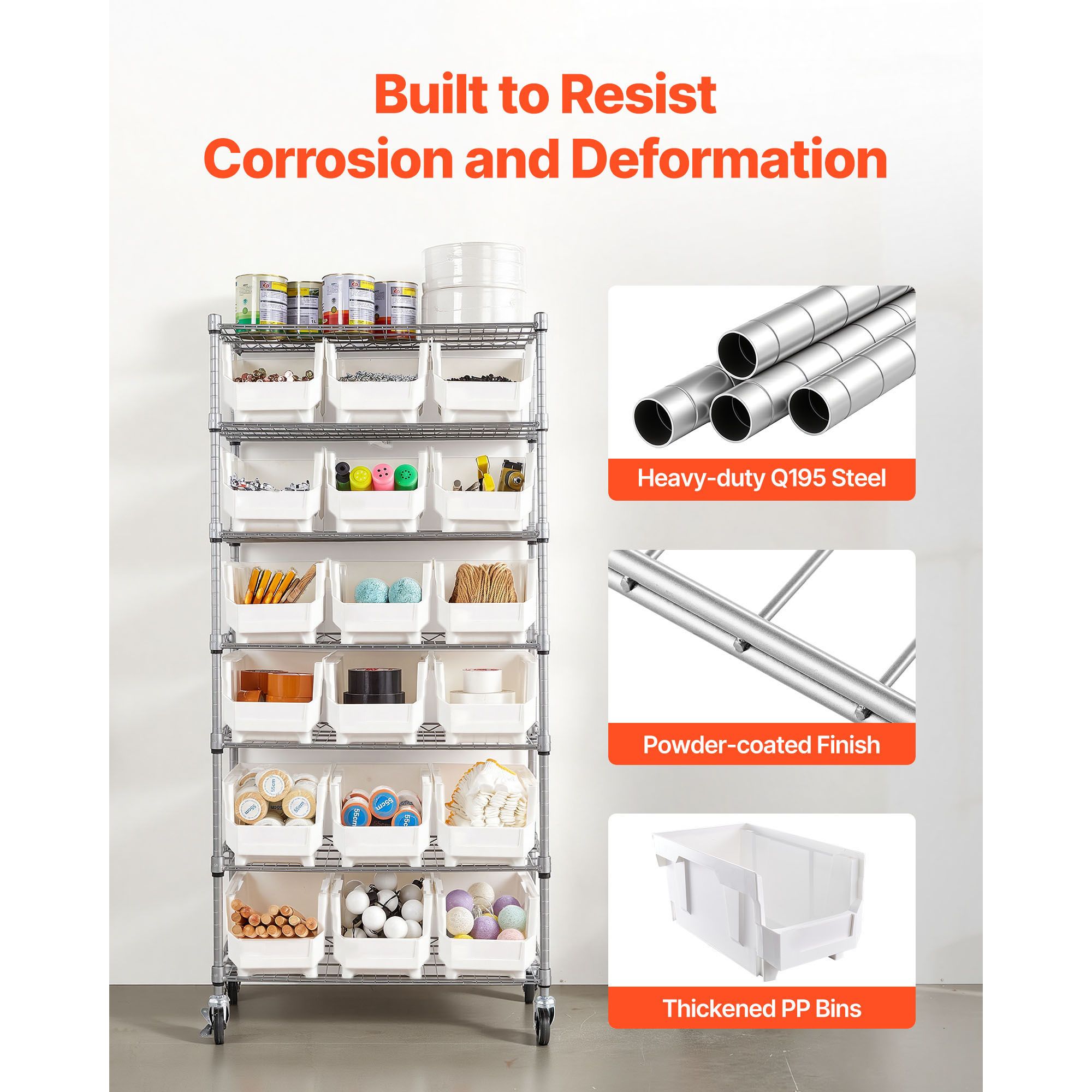 7-Tier Rolling Bin Storage Rack 18 Organizer Bins Steel Wire Shelving System with Mobile Tool Organizing Wheels
