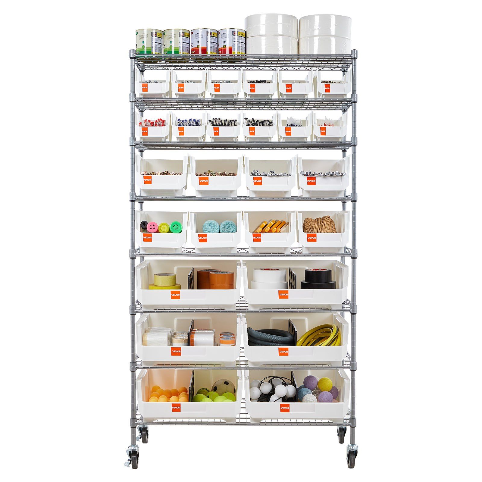 8-Tier Rolling Bin Storage Rack 26 Organizer Bins Steel Wire Shelving System with Mobile Tool Organizing Wheels