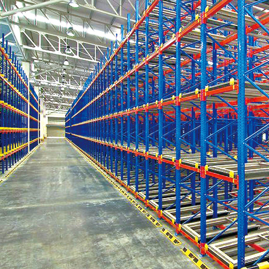 High Density 5 Layer Steel Push Back Racking Heavy Duty Pallet Storage Racks with Roller Track Design