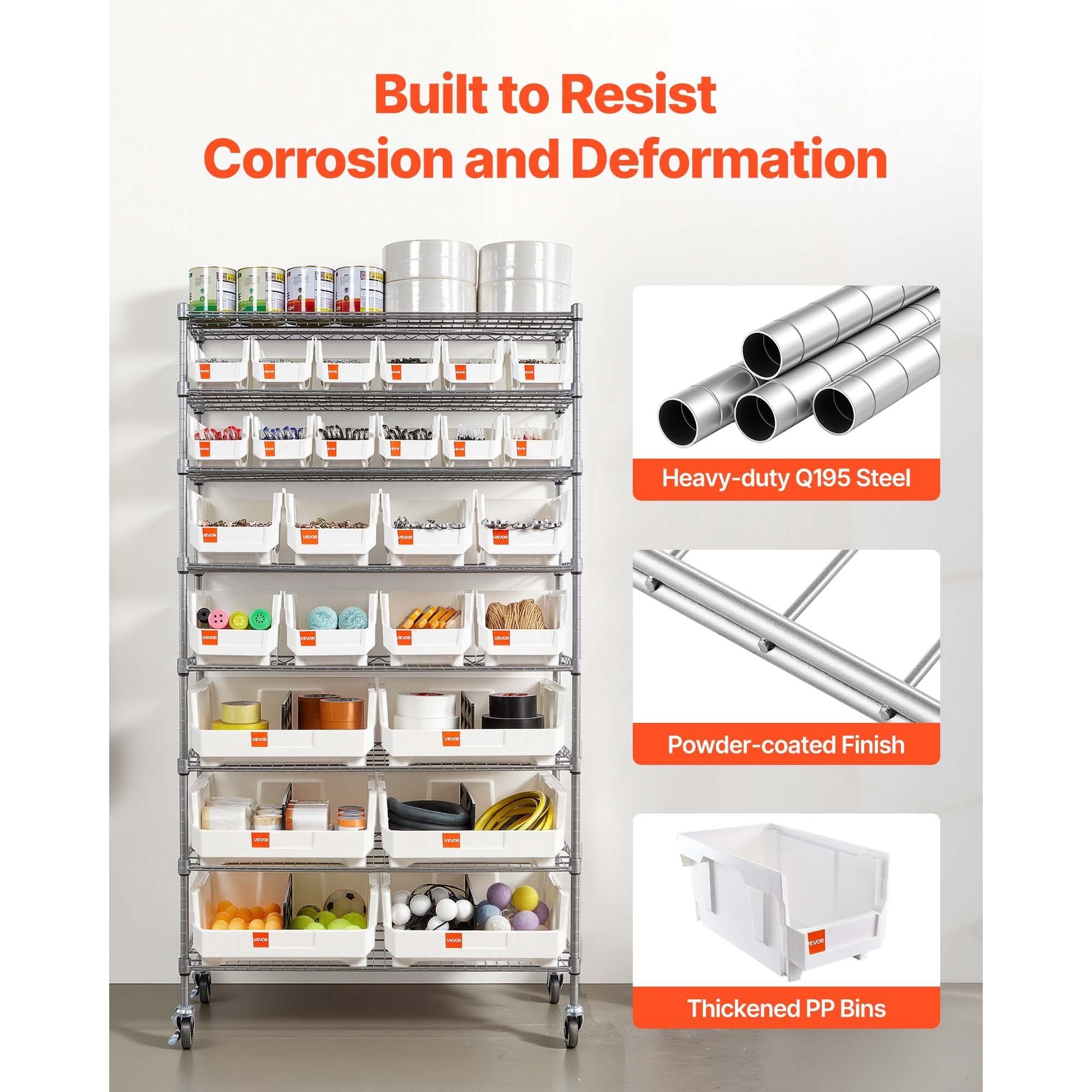 8-Tier Rolling Bin Storage Rack 26 Organizer Bins Steel Wire Shelving System with Mobile Tool Organizing Wheels
