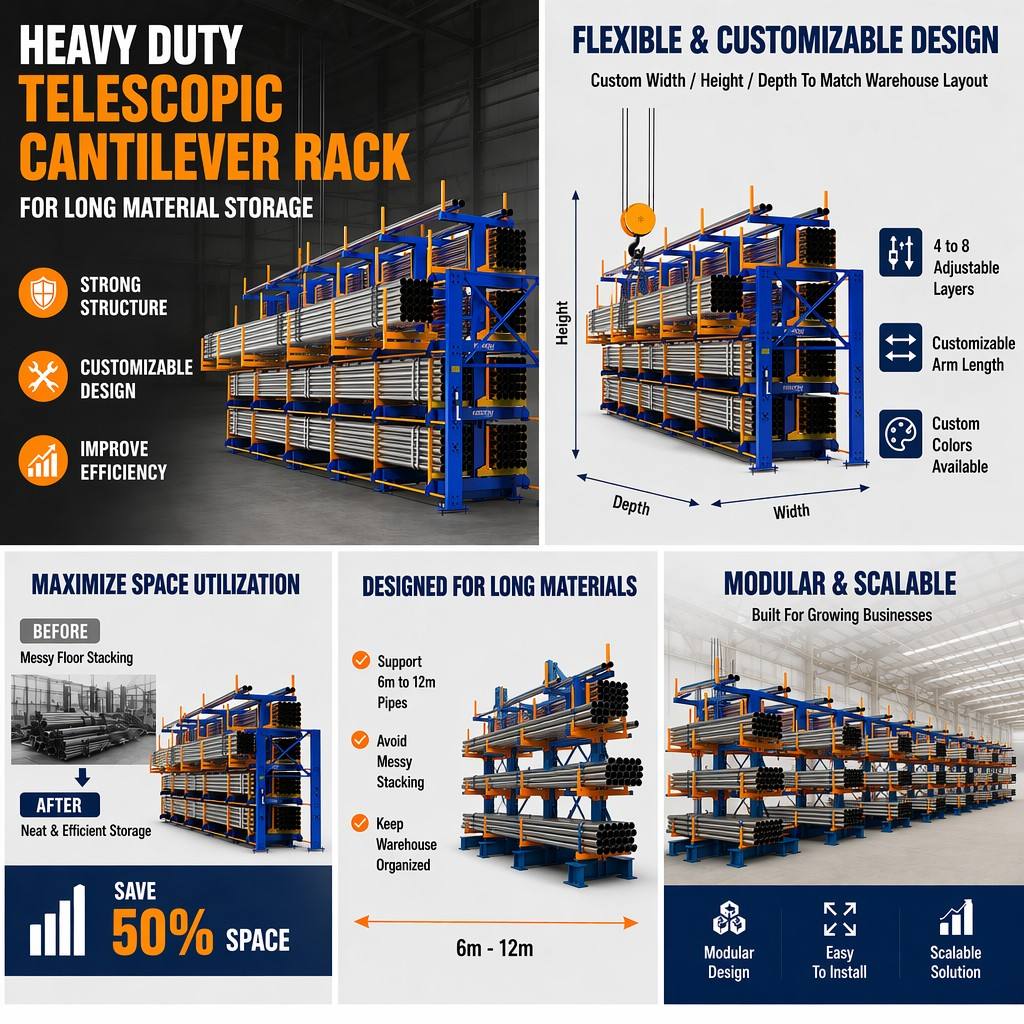 Heavy Duty Steel Telescopic Cantilever Rack System Powder Coated Corrosion Resistant Customized Industrial Warehouse Racking