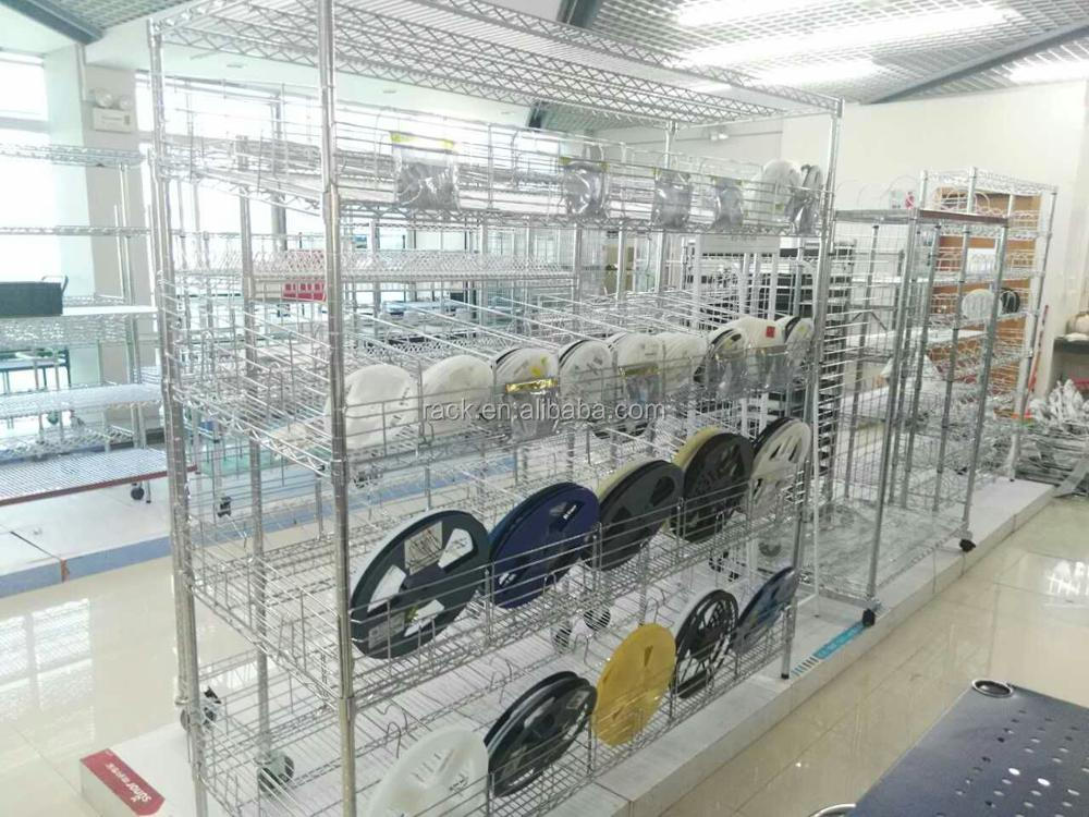 Customized Anti-Static 4 Tiers Chrome Wire Shelves Industrial Warehouse Storage Shelving Steel Rack with Shelf Ledge