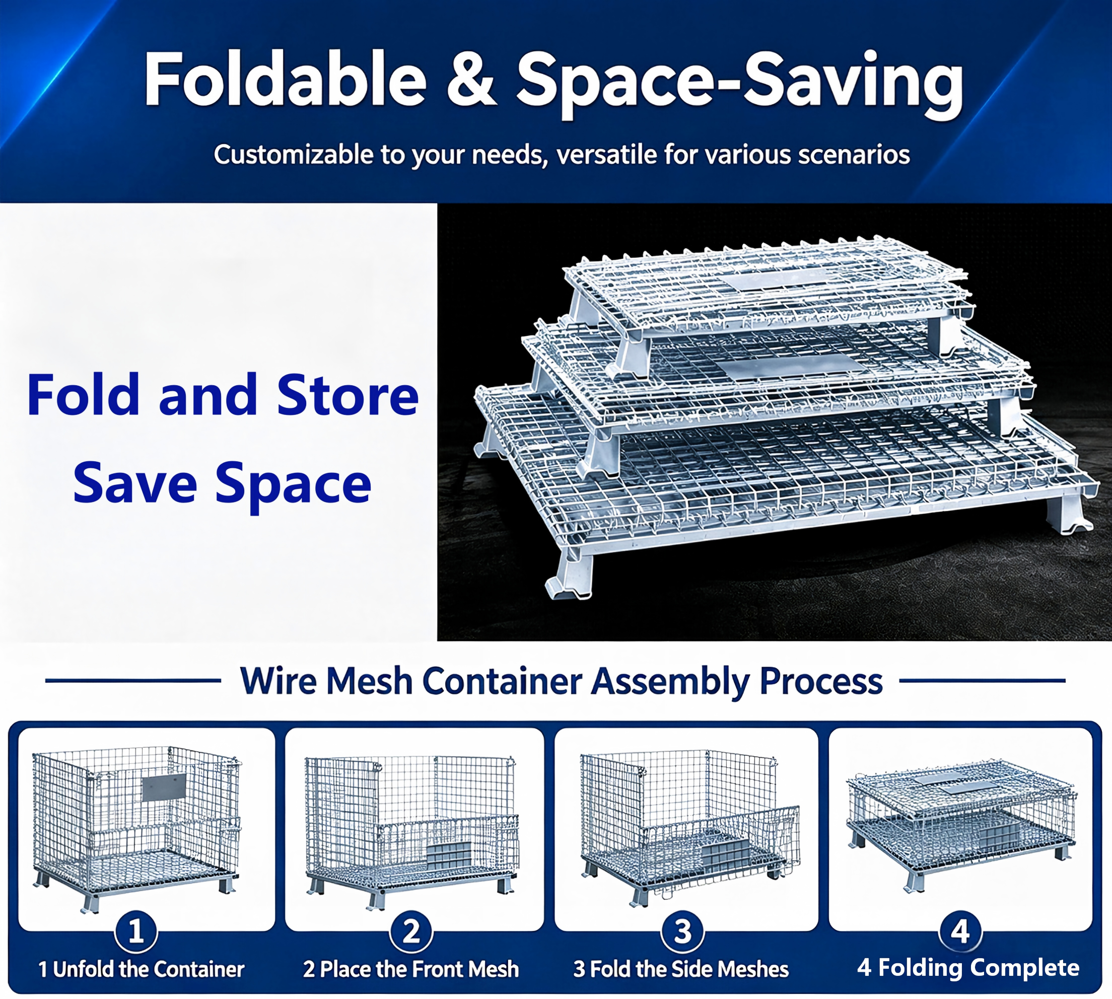 Collapsible Galvanized Wire Mesh Container With Forklift Pocket Heavy Duty Storage Cage Stackable For Warehouse Picking