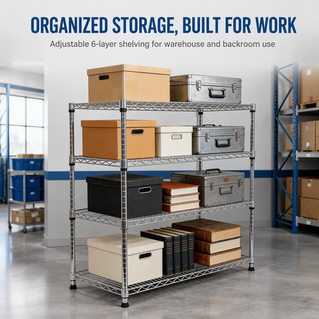 6 Layer Chrome Plated Carbon Steel Wire Shelving Rack Anti-Rust Adjustable Storage Unit for Warehouse