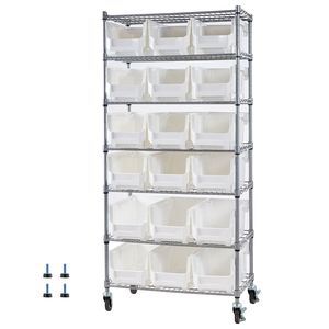 7-Tier Rolling Bin Storage Rack 18 Organizer Bins Steel Wire Shelving System with Mobile Tool Organizing Wheels