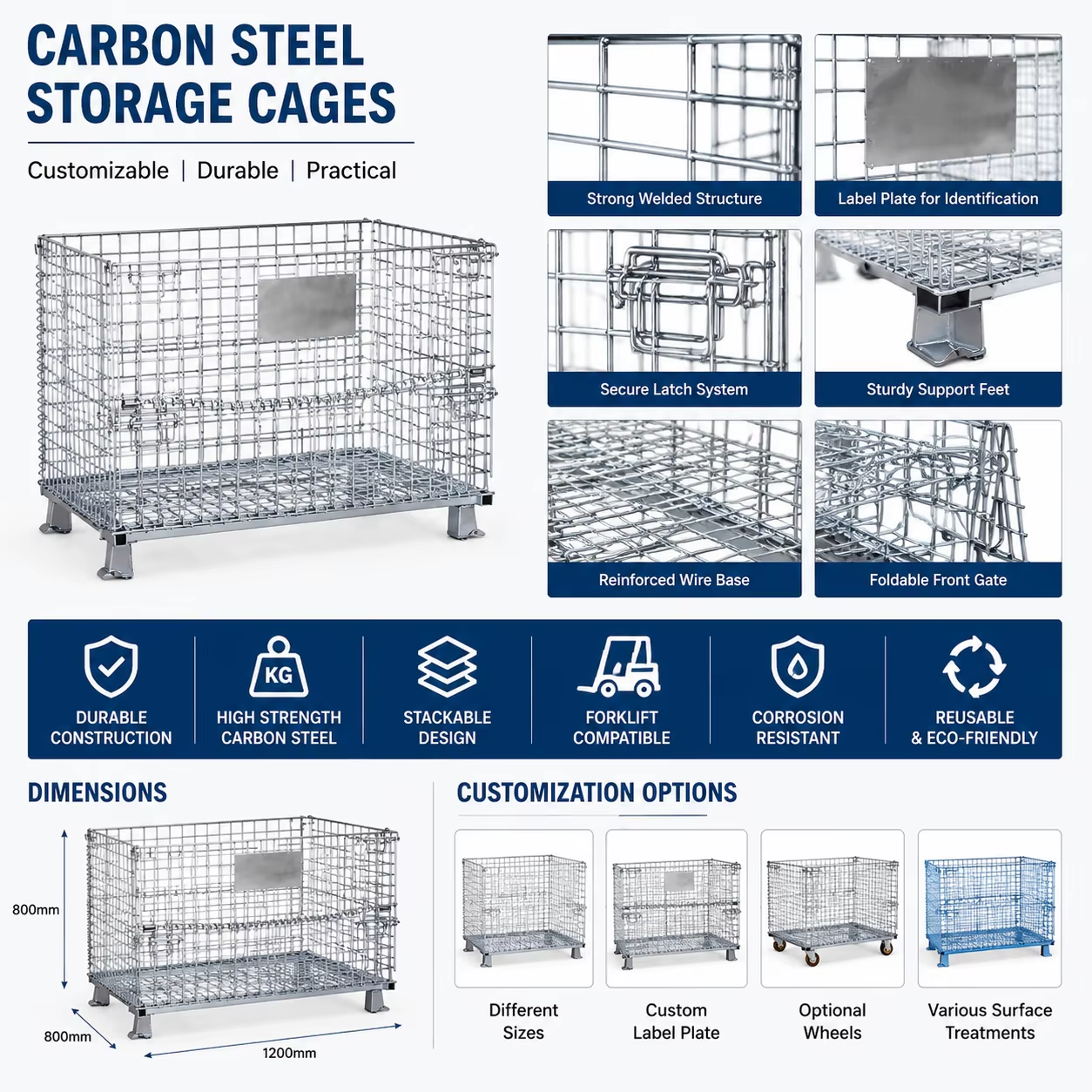 Collapsible Galvanized Wire Mesh Container With Forklift Pocket Heavy Duty Storage Cage Stackable For Warehouse Picking