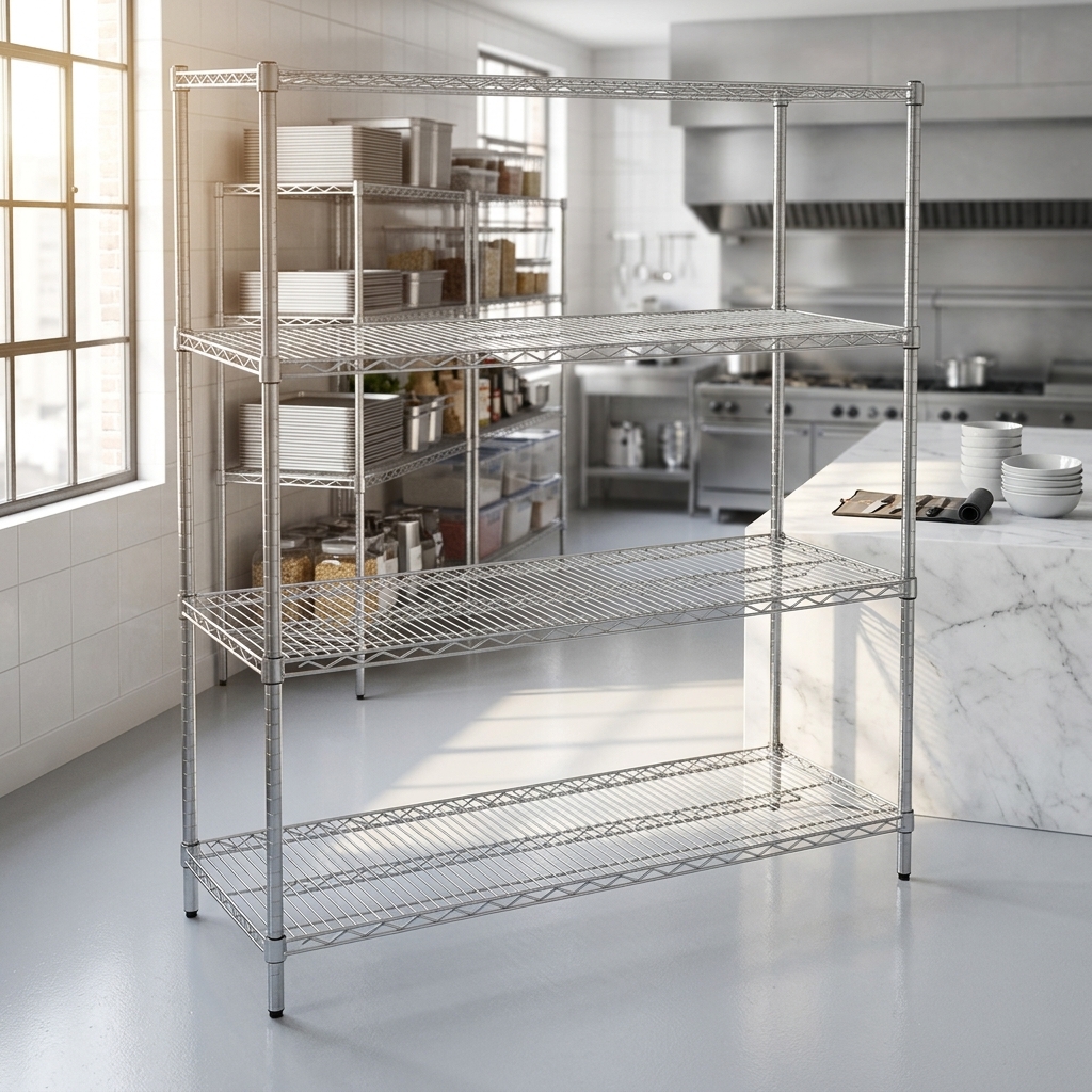 OEM 4 Tiers Chrome Plating Storage Wire Shelving Unit Heavy Duty Adjustable Storage Shelf for Commercial Warehouse Knock Down