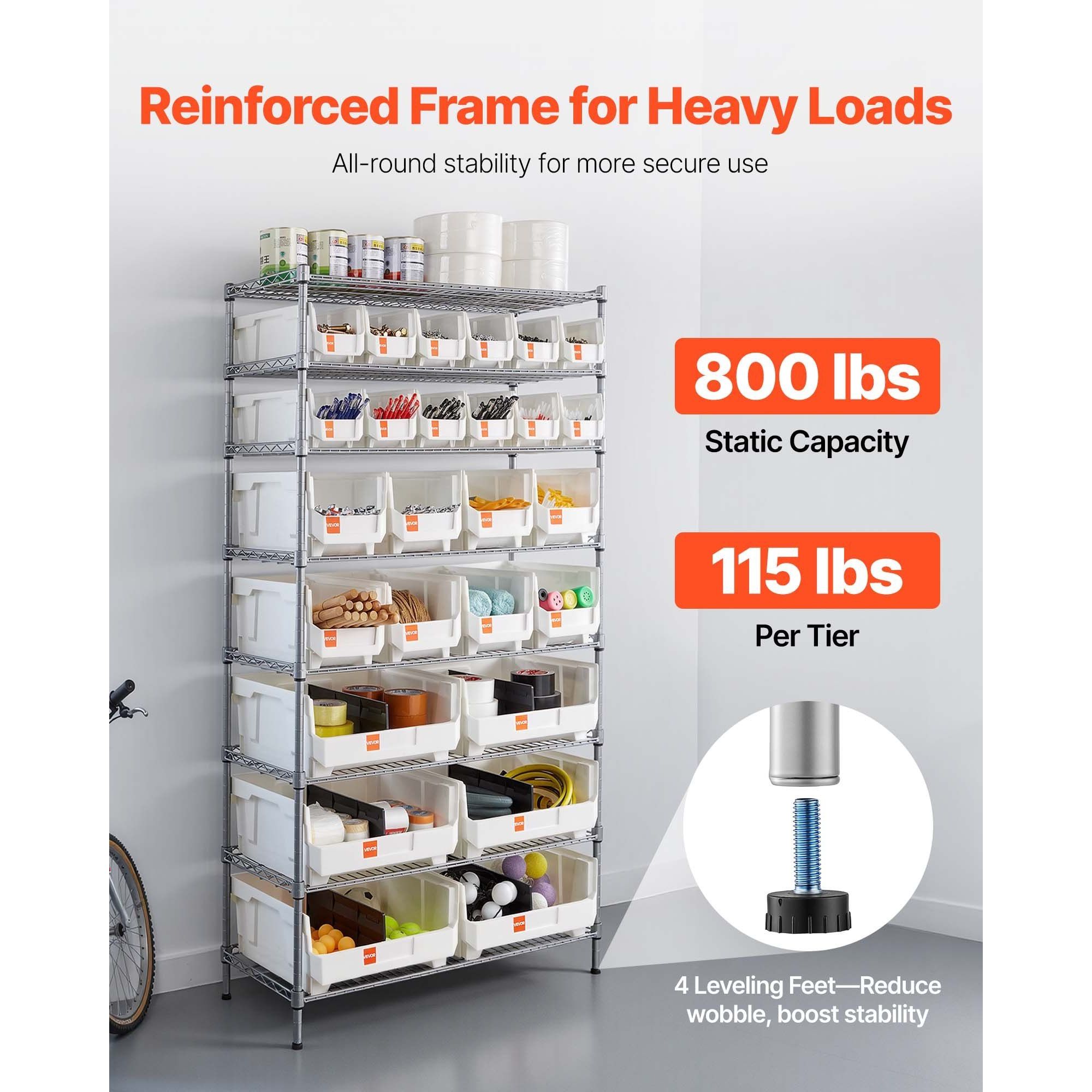 8-Tier Rolling Bin Storage Rack 26 Organizer Bins Steel Wire Shelving System with Mobile Tool Organizing Wheels