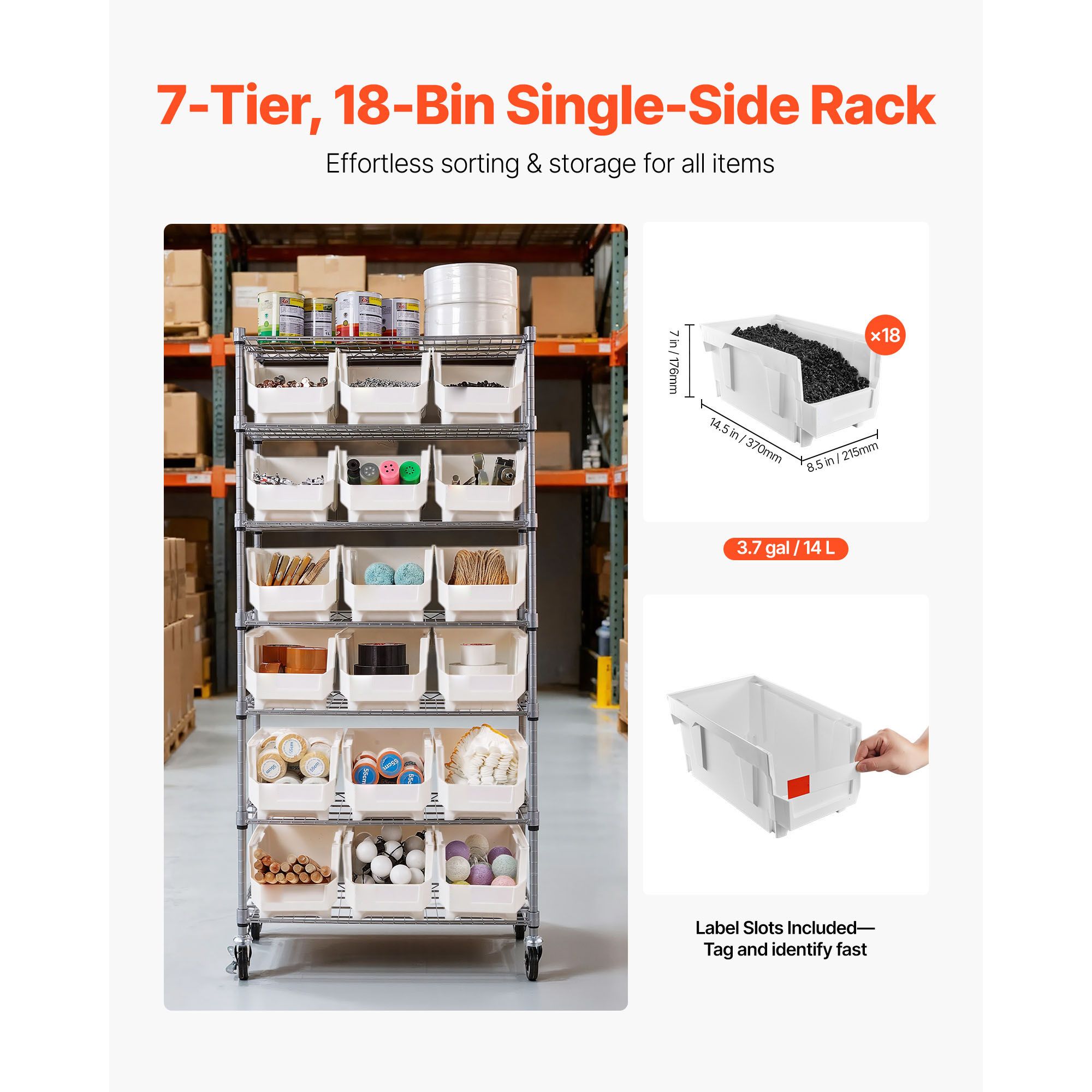 7-Tier Rolling Bin Storage Rack 18 Organizer Bins Steel Wire Shelving System with Mobile Tool Organizing Wheels