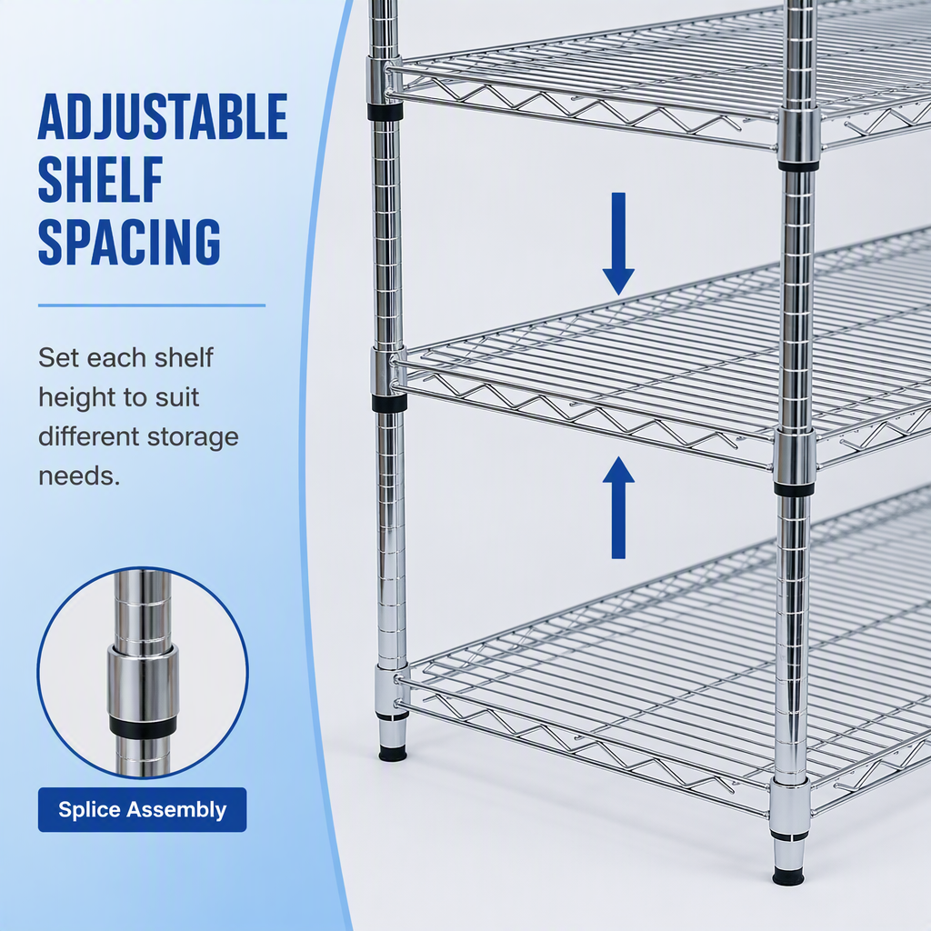 6 Layer Chrome Plated Carbon Steel Wire Shelving Rack Anti-Rust Adjustable Storage Unit for Warehouse