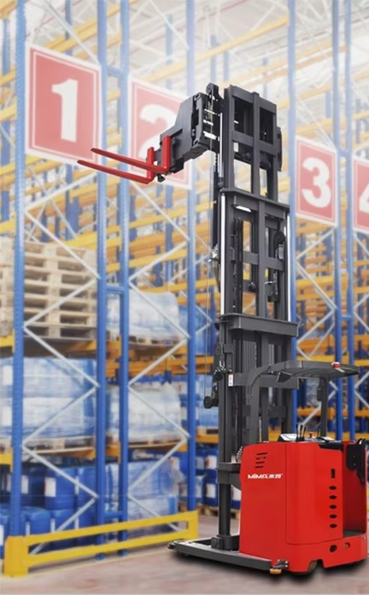 MiMA 3-way Tri-Lateral Stacker Steel Supports 0.8/1.2/1.6 Ton Load Lifting Height 3m-18m Solid Steel Floor for High Rack