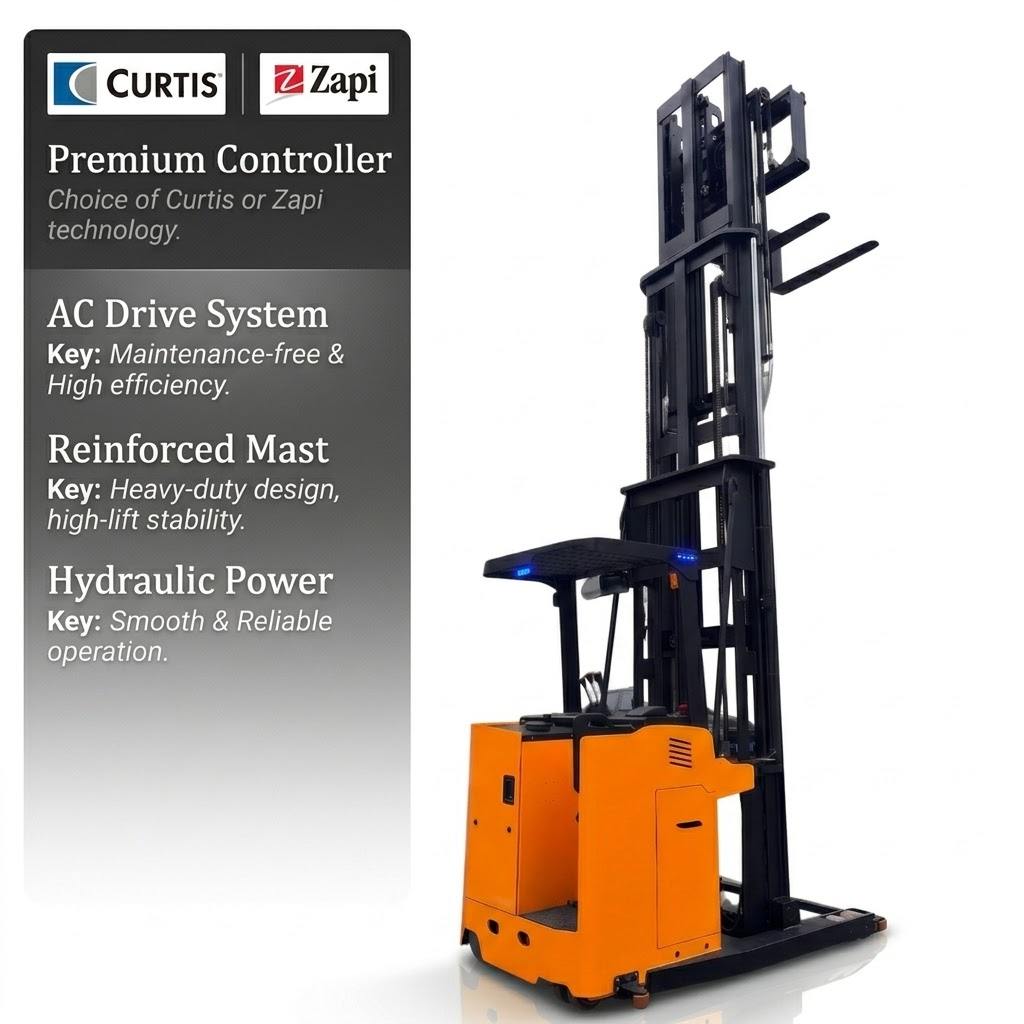MiMA 3-way Tri-Lateral Stacker Steel Supports 0.8/1.2/1.6 Ton Load Lifting Height 3m-18m Solid Steel Floor for High Rack