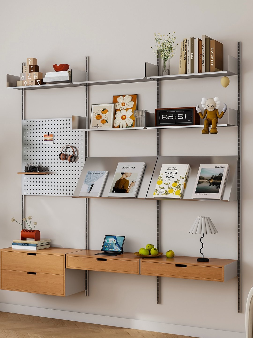 Wall Mount Pegboard Display Rack, Adjustable Multi-Tier Stainless Steel Storage Shelf, Wall Storage Cabinet for Living Room