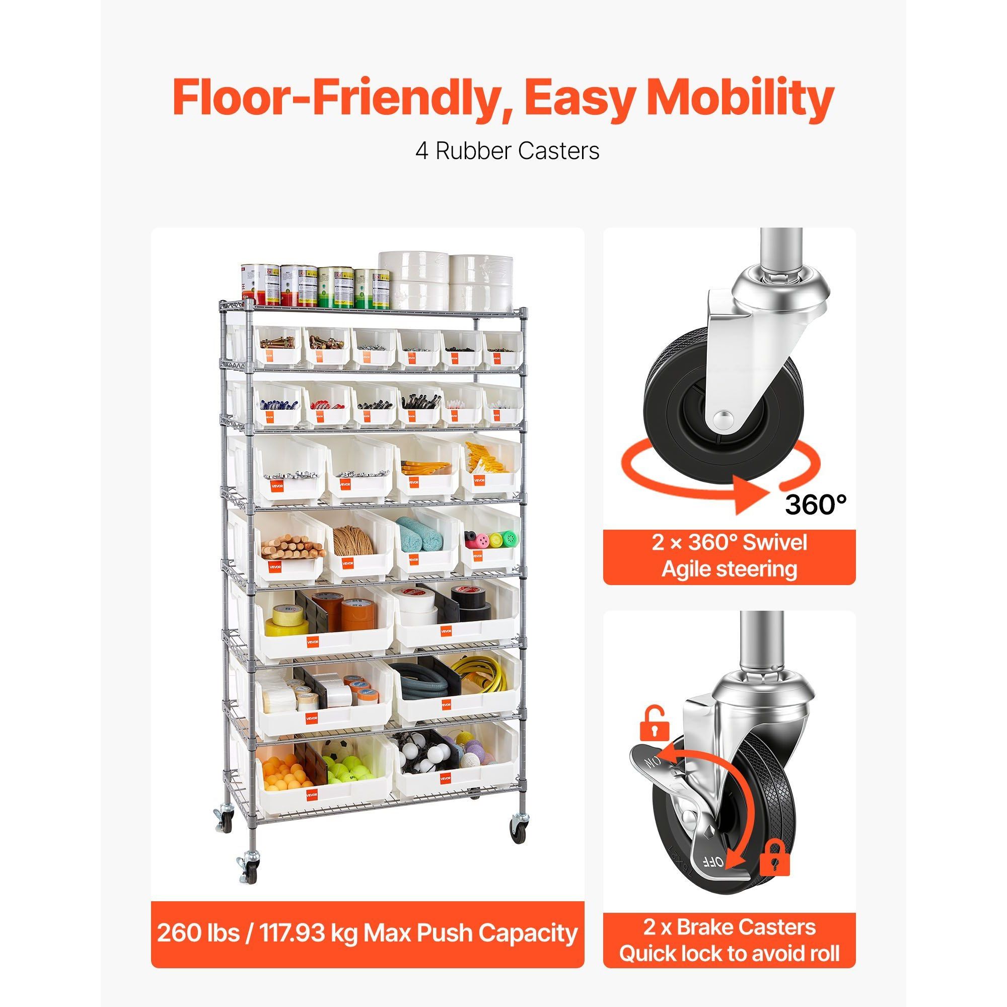8-Tier Rolling Bin Storage Rack 26 Organizer Bins Steel Wire Shelving System with Mobile Tool Organizing Wheels