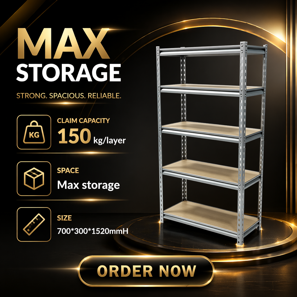 5 Tier Boltless Shelving Unit 150kg Per Layer Black Metal Storage Rack with MDF Board for Garage Warehouse