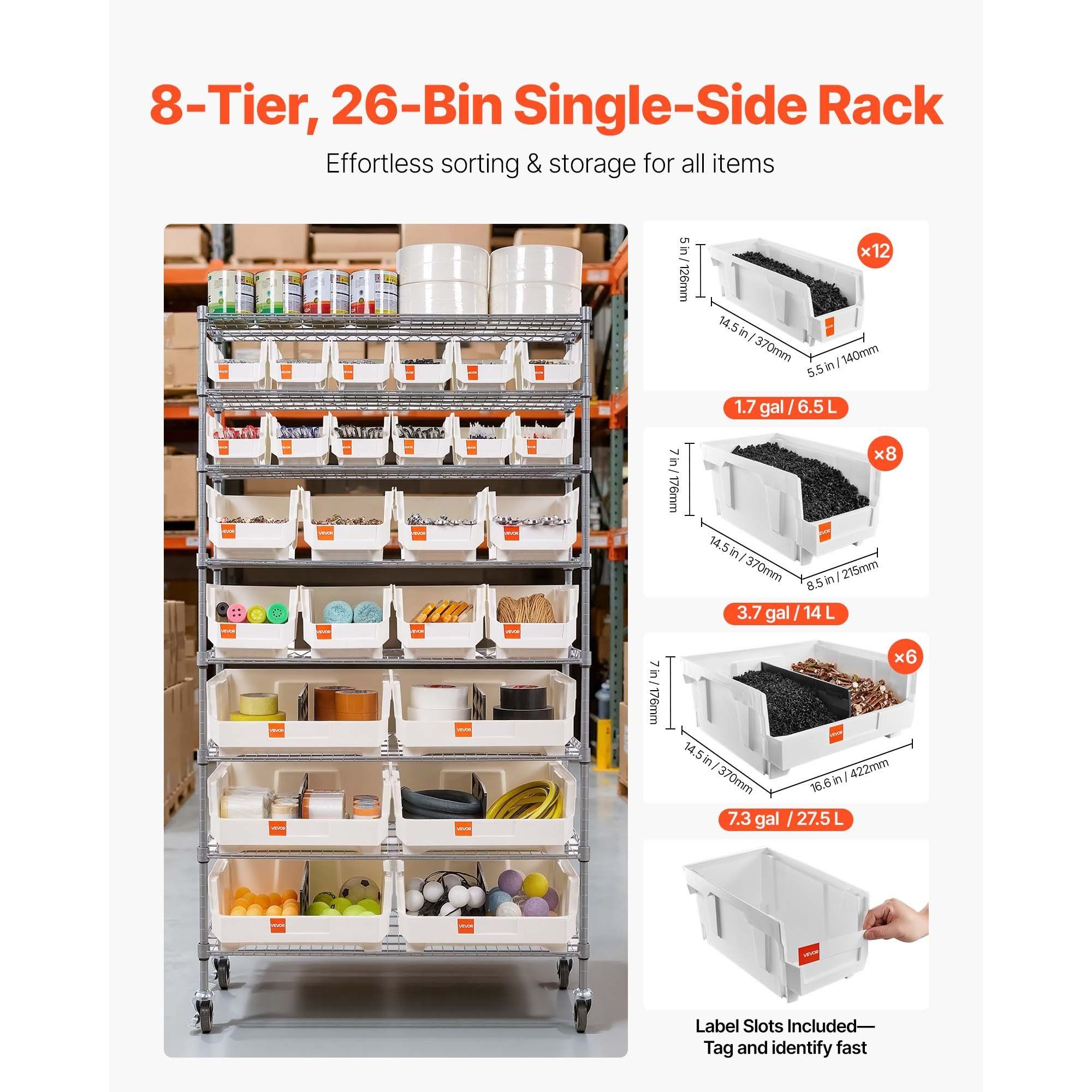 8-Tier Rolling Bin Storage Rack 26 Organizer Bins Steel Wire Shelving System with Mobile Tool Organizing Wheels