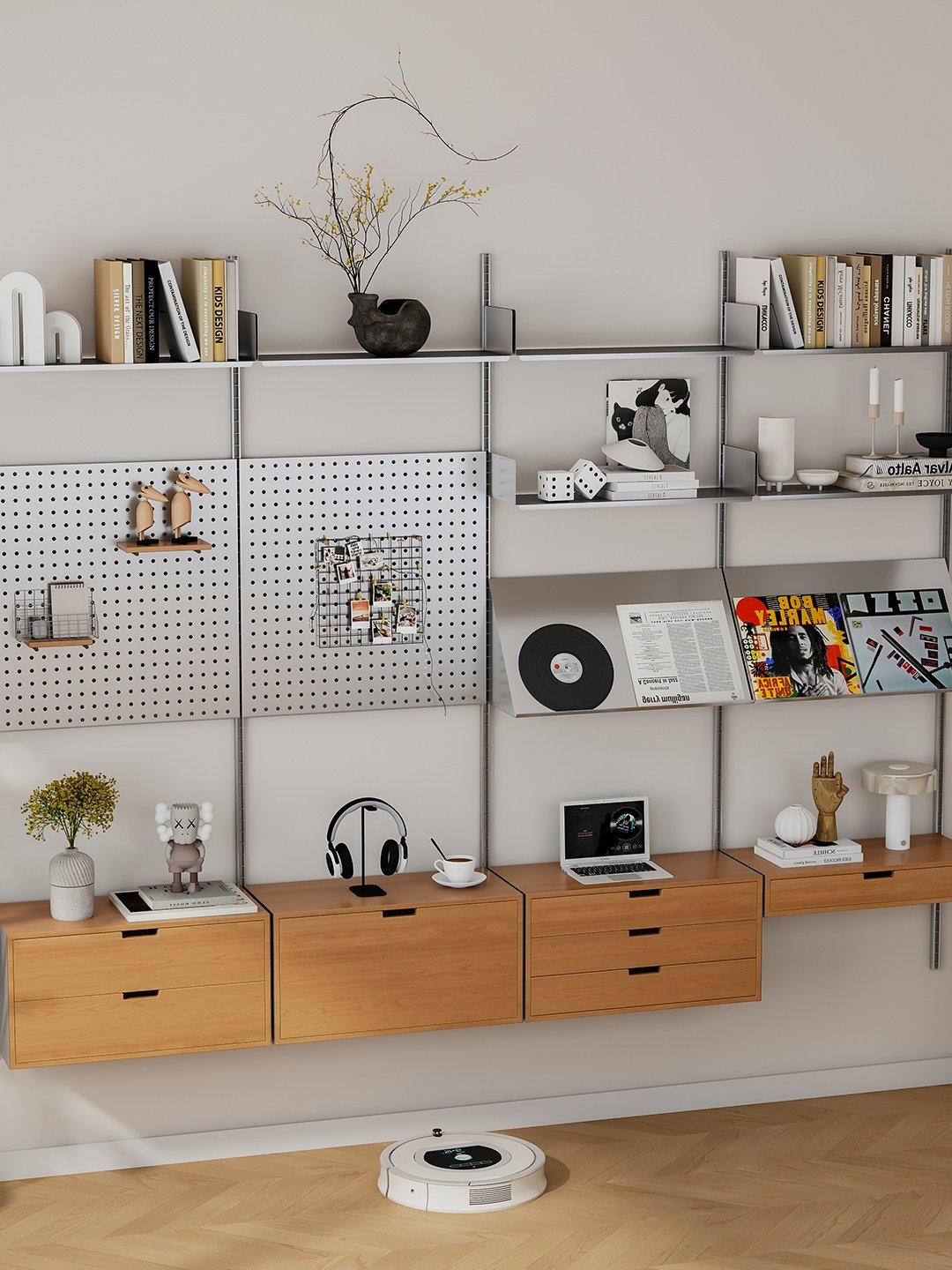 Wall Mount Pegboard Display Rack, Adjustable Multi-Tier Stainless Steel Storage Shelf, Wall Storage Cabinet for Living Room